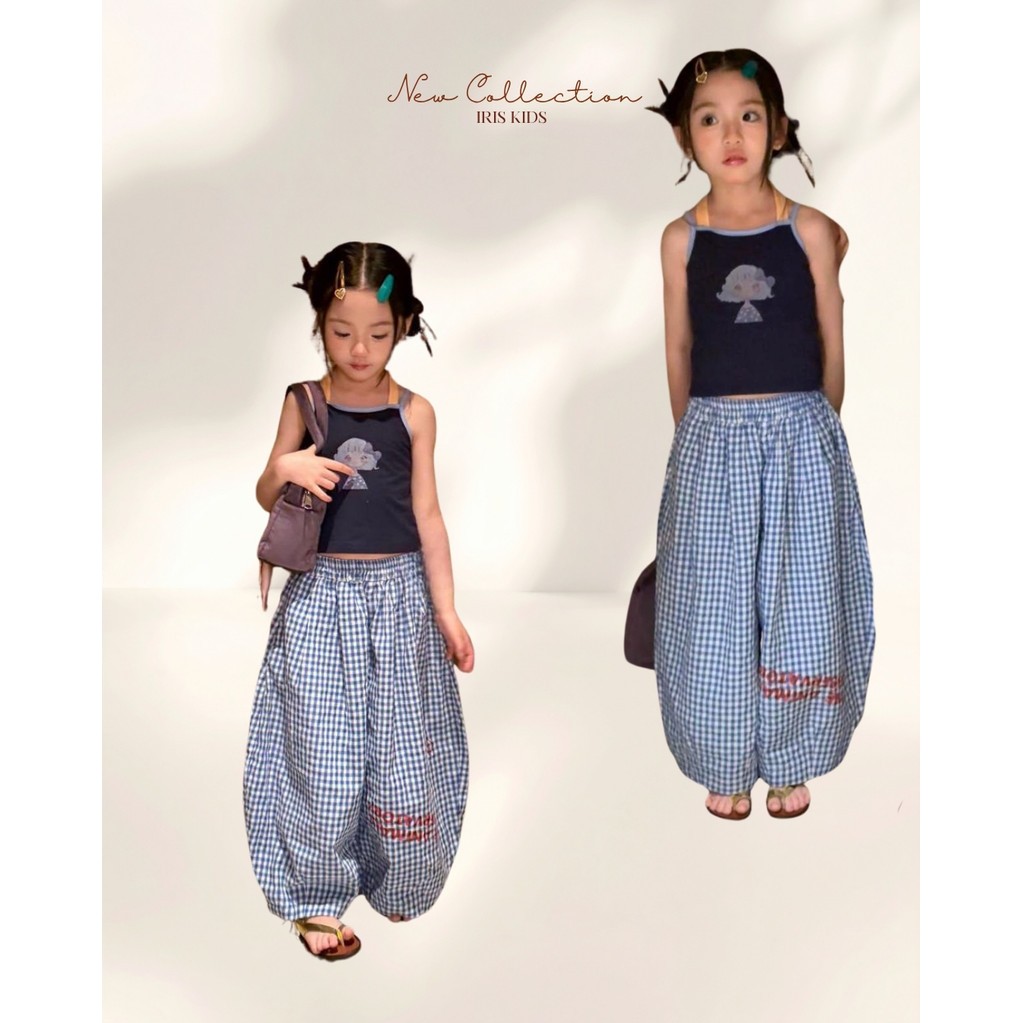 「สินค้าลิขสิทธิ์แท้」IRIS KIDS 26ss IKS260331 Cute Grid Girl Set ชุดเด็กผู้หญิง เสื้อสายเดี่ยว กางเกงขายาว สายแฟชั่นเด็ก