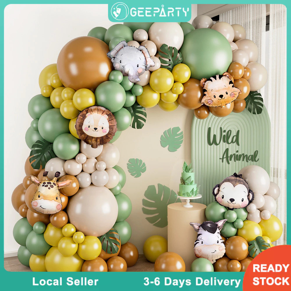 GeeParty ชุดลูกโป่งการ์แลนด์สีเขียวเซจ 122 ชิ้น พร้อมลูกโป่งฟอยล์ลายสัตว์สีน้ำ ตกแต่งงานวันเกิด ปาร์ตี้เด็ก