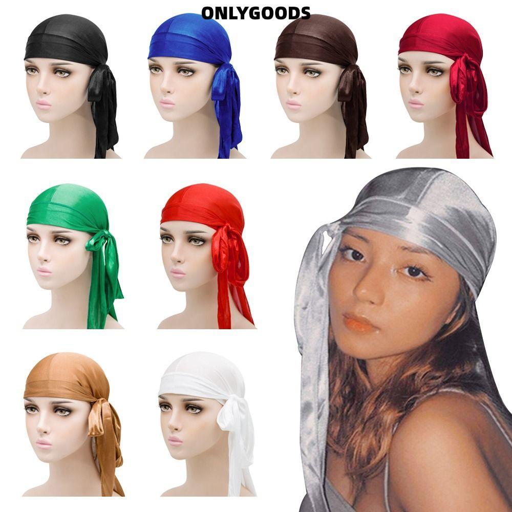 ONLYGOODS Silk Durag, ผ้าพันคอยืดหยุ่นแบบปรับได้, หมวกโจรสลัดแบบ Pre-Tied สําหรับผู้ชายระบายอากาศได้