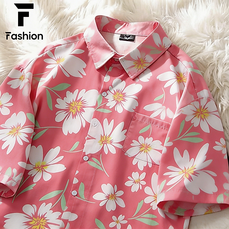 เสื้อเชิ้ตคู่รัก สไตล์ฮาวาย Unisex พิมพ์ลายดอกไม้ แขนสั้น เนื้อผ้าดี