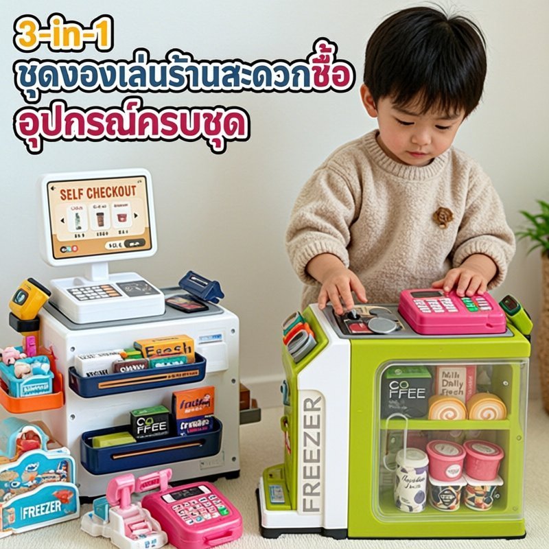 COD ของเล่นเครื่องคิดเงิน ร้านสะดวกซื้อจำลอง ชุดแคชเชียร์ สแกนบาร์โค้ด มีเสียง เด็ก เล่นบทบาทสมมุติ