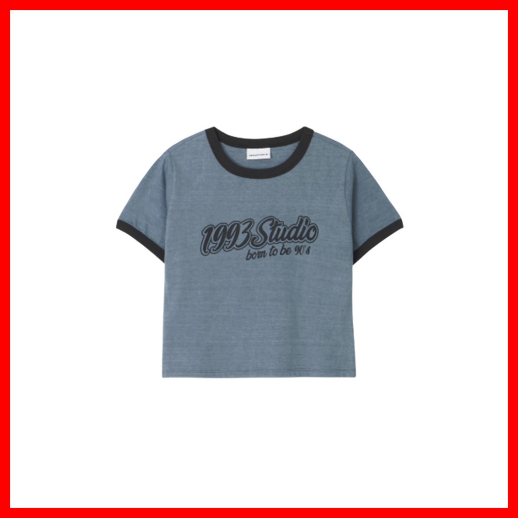 [1993 studio] เสื้อยืด Lettering Ringer Crop สีฟ้าวินเทจ 1 ชิ้น / เกาหลี Crop T-Shirt / สไตล์วินเทจ 