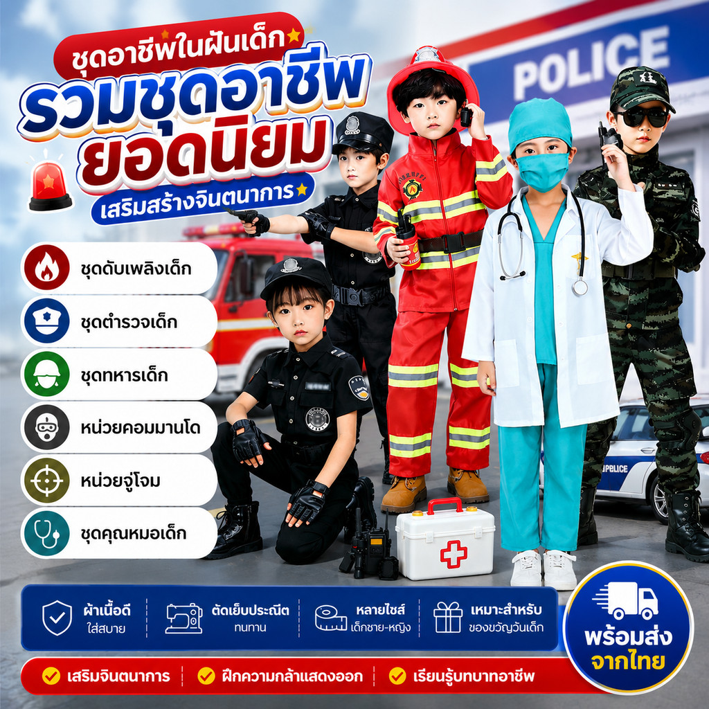ชุดพนักงานดับเพลิง ชุดดับเพลิงเด็ก ชุดอาชีพในฝันเด็ก ชุดตำรวจเด็ก หน่วยคอมมานโด หน่วยจู่โจม ชุดทหารเด็ก ชุดคุณหมอเด็ก