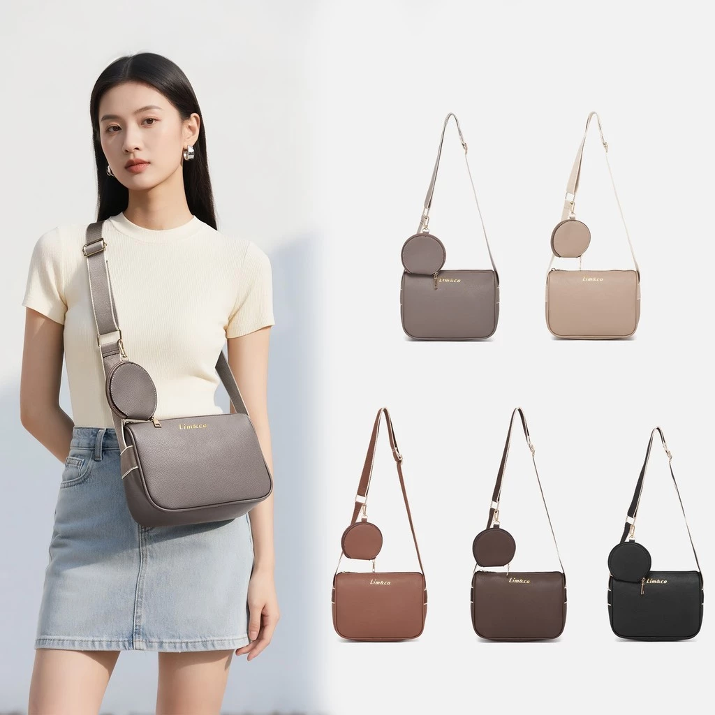 กระเป๋าถือผู้หญิงสีน้ำตาลเข้ม สีเทา สีเบจ สีดำ สีน้ำตาลอ่อน พร้อมสายสะพายยาวและกระเป๋าเล็ก