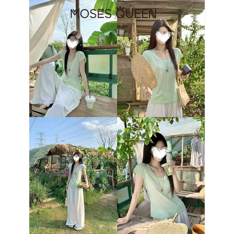 MOSESQUEEN ฤดูร้อนสไตล์เกาหลีกึ่งโปร่งใสความรู้สึกบริสุทธิ์สดชื่นลดน้ําหนักและสร้างเรียบง่ายน้ําหนักเบาแขนสั้นสไตล์ใหม่ด้านบนไหล่ด้านหน้า #63703