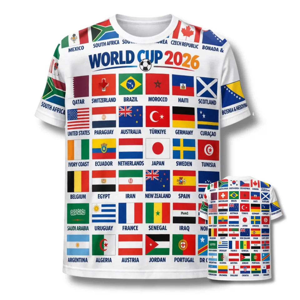 เสื้อยืดลายธงสำหรับแฟนบอล เสื้อยืดลาย 3D World Cup 2026 Flags Shirt 3D Soccer Fan Tee International Teams T-Shirt