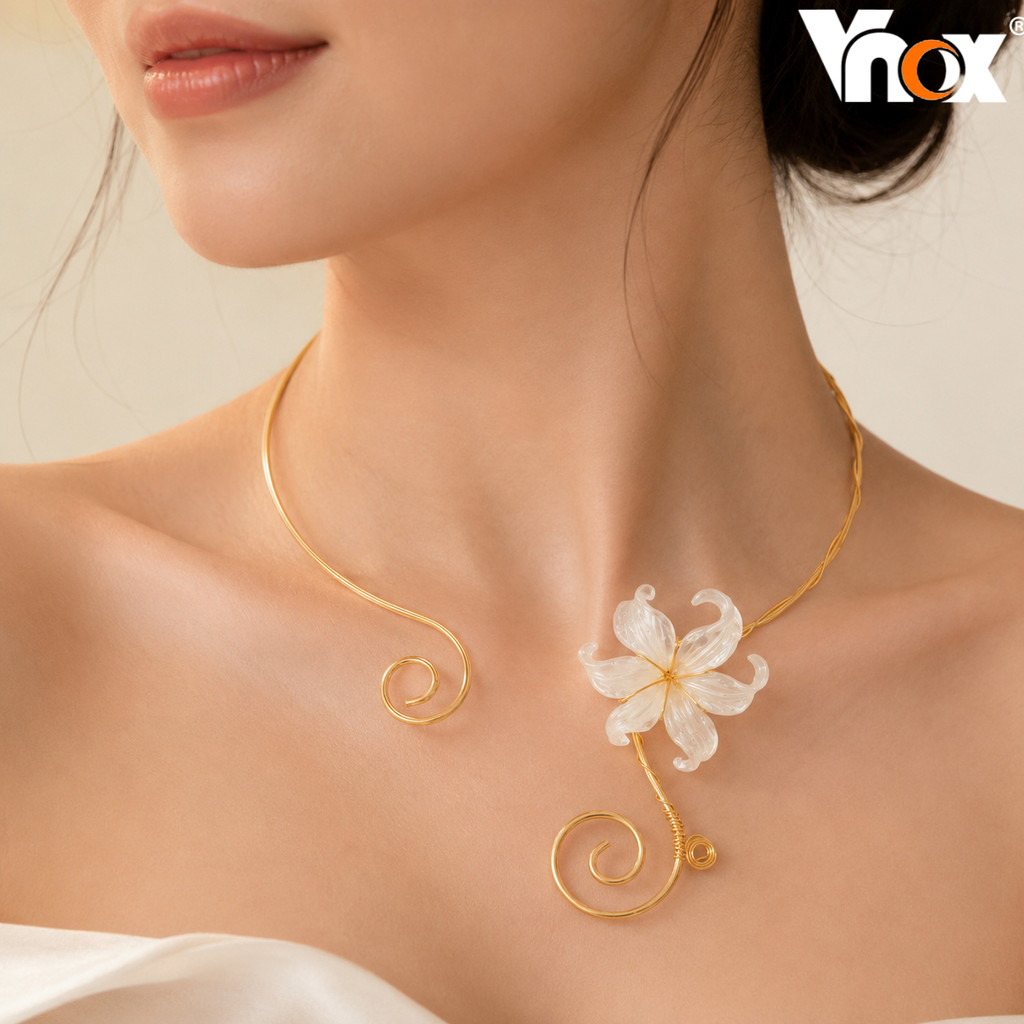 Vnox Iris ดอกไม้สร้อยคอโชคเกอร์สําหรับผู้หญิง,ดอกไม้ชุบทองหรูหราเฉพาะโซ่ Hypoallergenic Party ของขวัญทุกวัน