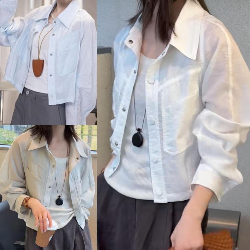 Chili Koko เสื้อเชิ้ตกันแดดผู้หญิง ผ้าบางโปร่ง ระบายอากาศดี ทรงโอเวอร์ไซส์ ใส่คลุมได้ ลุคเกาหลี มินิมอล 99445