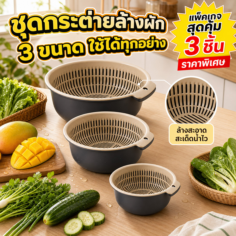 สุดคุ้ม!!กระต่ายล้างผัก 2 ชั้น 3 ขนาด ใหญ่-กลาง-เล็ก สะเด็ดน้ำไว ใช้ในครัวเรือน