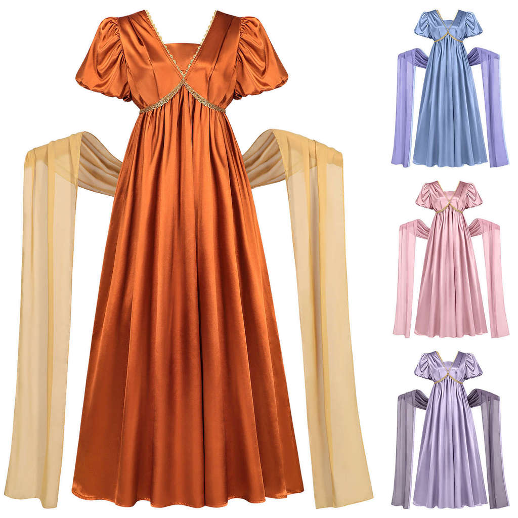 Retro Victorian Court สไตล์ชุด 19th Century สไตล์ยุโรปพัฟแขน V คอชุดยาว COS Party Performance เครื่อ