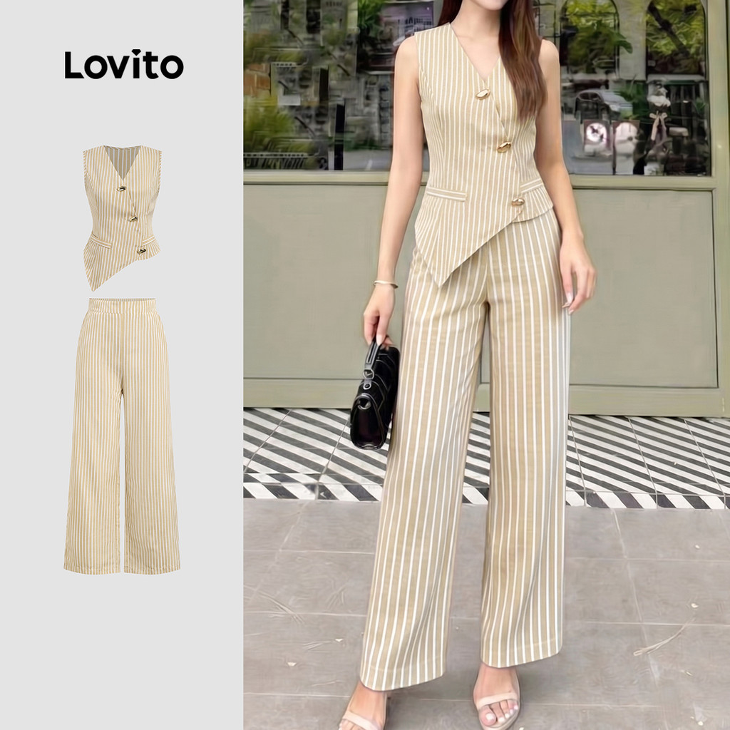 Lovito เสื้อหรือกางเกงทรงเอวิเอตแบบกระดุมโลหะทรงไม่สมมาตร สีน้ําตาล สําหรับผู้หญิง LK6LD343