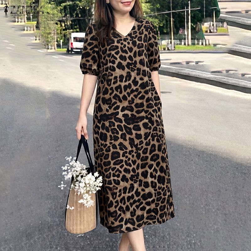 ZANZEA ผู้หญิงวันหยุดเกาหลี V คอครึ่งแขนเสือดาวพิมพ์กระเป๋าชุด — صورة 5