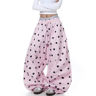 อเมริกัน Polka Dot Cherry พิมพ์สีชมพู Paratrooper กางเกงผู้หญิงกางเกงขากว้างหลวมผู้ชาย
