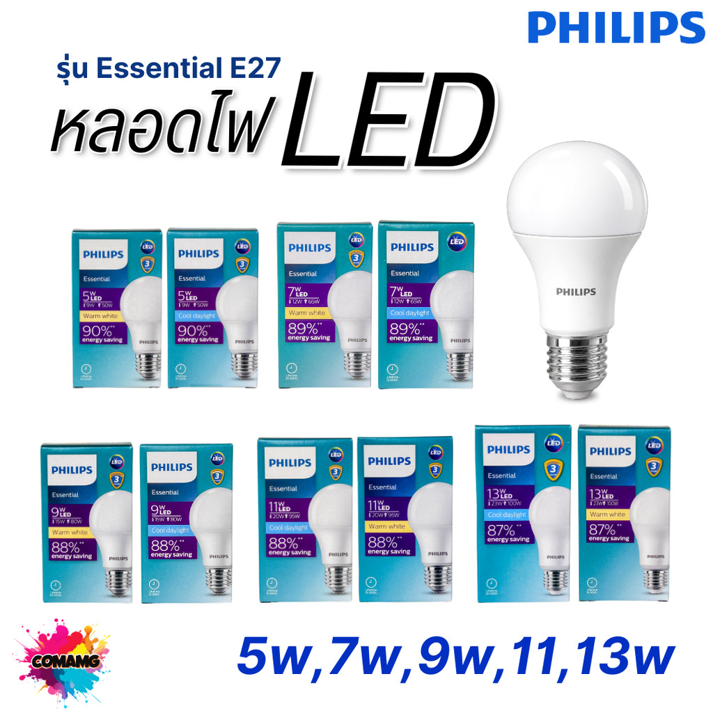 Philips Essential หลอดไฟ LED Bulb ขั้วE27 ประหยัดไฟ มีให้เลือกหลายขนาด พร้อมส่ง ออกบิลได้