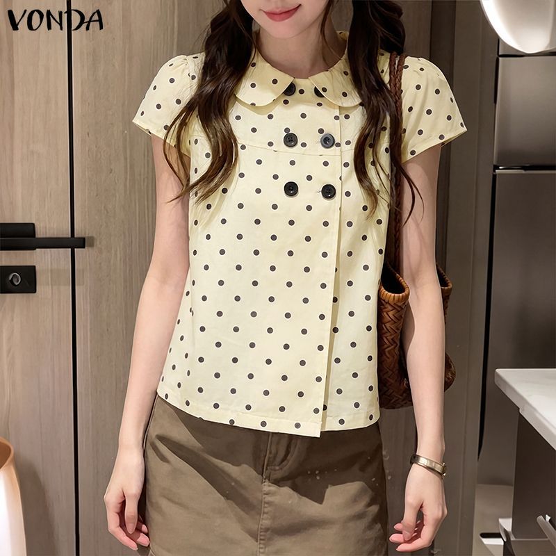 VONDA ผู้หญิงเกาหลีภาษาฝรั่งเศสคํา Girlish ตุ๊กตาคอปกแขนสั้น Double-Breasted Polka Dots A-Line เสื้อ — صورة 5