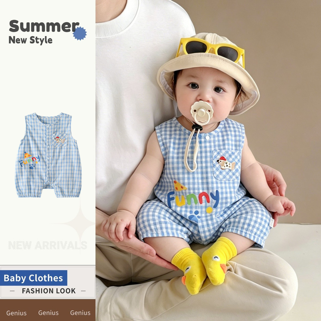 Blue Grid แขนกุด Jumpsuit 0-28 เดือนบางฤดูร้อน Breathable สไตล์ลําลองแฟชั่นชายหญิงเสื้อผ้าเด็ก Go Out Romper