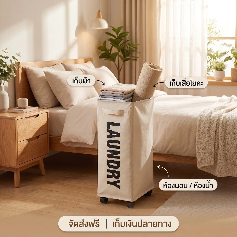 ตะกร้าซักผ้ามีล้อ ขนาด 44 65 80L กันน้ำ thumbnail 3