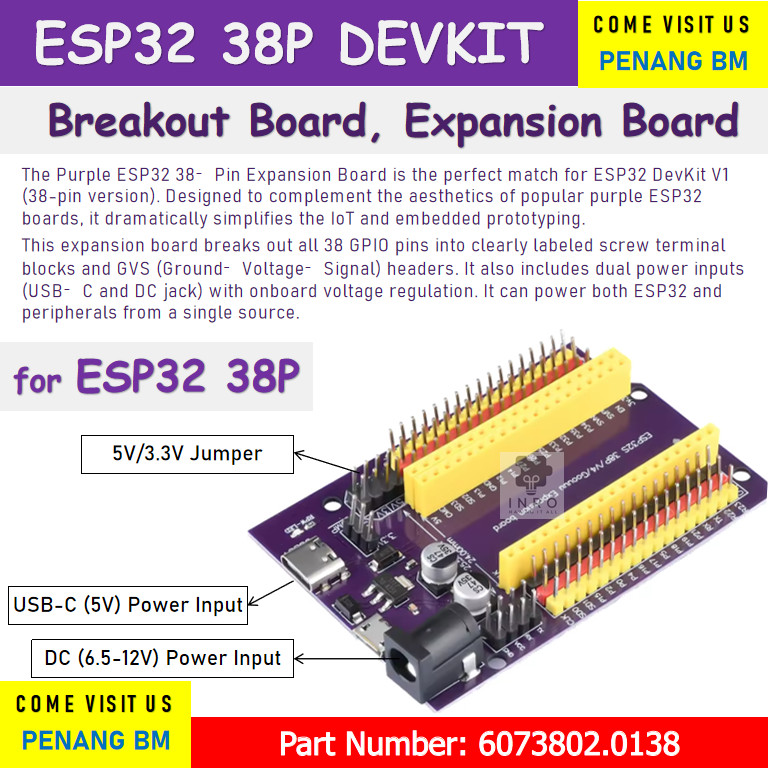 [38P] ESP32 DEVKIT (บอร์ดขยาย) บอร์ดฝ่าวงล้อม GPIO โล่ฝ่าวงล้อมพร้อม USB-C/DC Dual Power [6073802.01