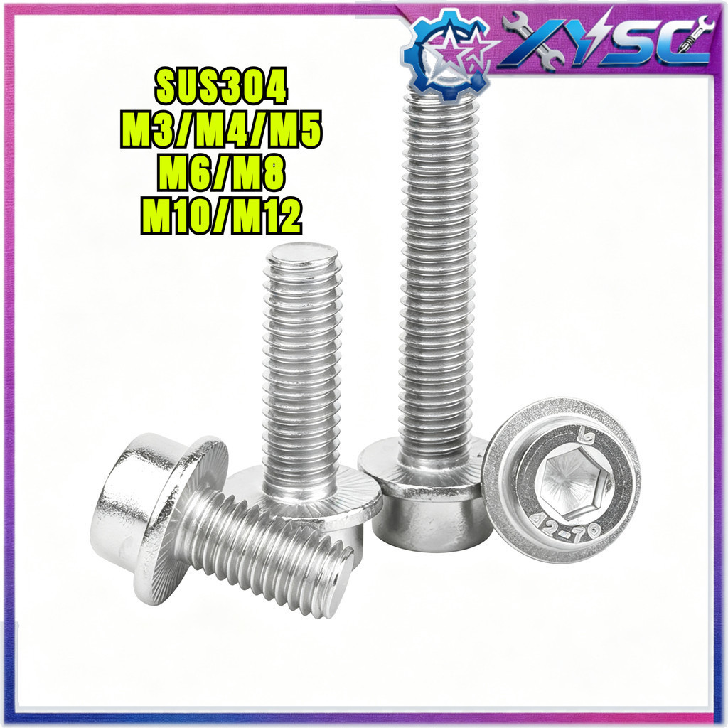 น็อต สกรู หัวจม หกเหลี่ยม ติดแหวน มีฟัน สแตนเลส 304 เกลียวมิล หยาบ / Socket Flanged Bolt M3/M4/M5/M6/M8/M10/M12 * L5-60 มม.H8-xy5