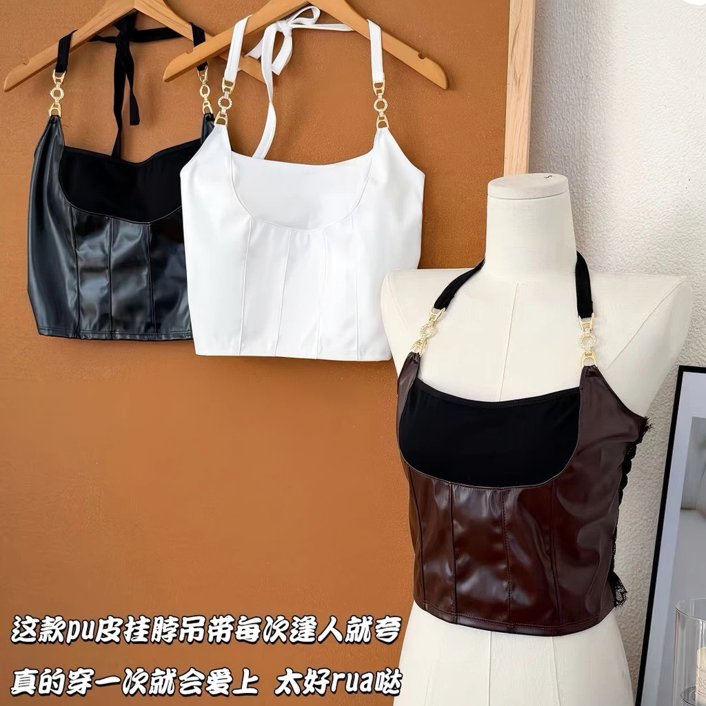 YY131 เสื้อหนังคล้องคอ ดีเทลโซ่ เหมาะกับสาวเซ็กซี่ สม็อคหลัง สายปรับได้ มีฟองน้ำ น่ารัก ใส่สบาย ราคาถูก