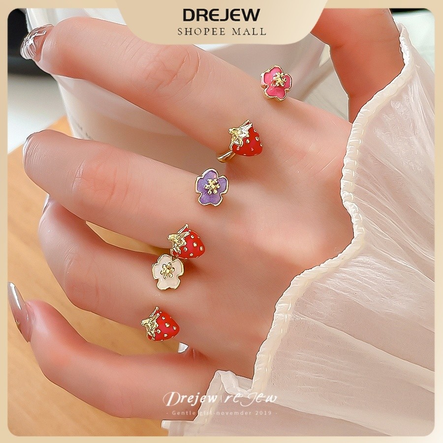 DREJEW แหวนสตรอเบอร์รี่และดอกไม้หลายสี ดีไซน์น่ารักคาวาอิ แหวนเล็กๆ สำหรับผู้หญิง แต่งตัวประจำวัน