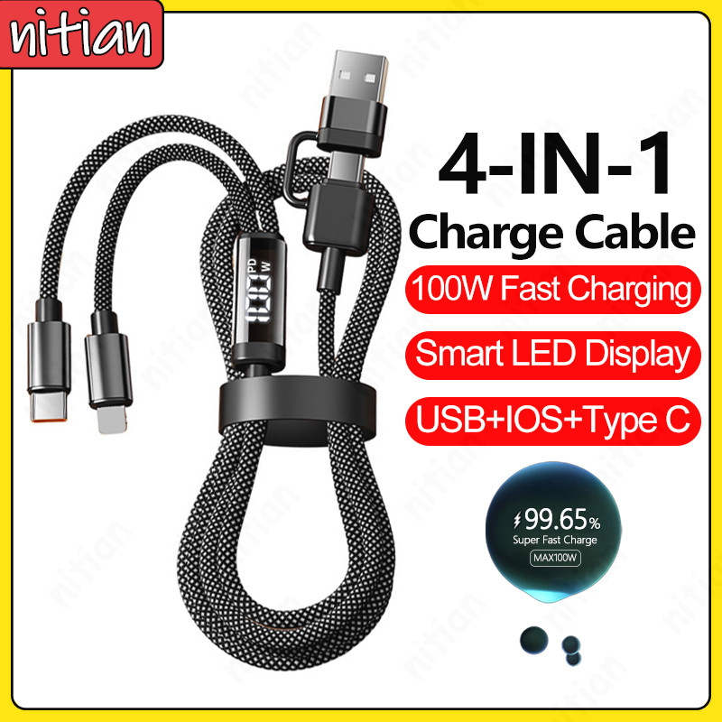 100W สมาร์ทจอแสดงผล LED สายเคเบิลข้อมูลโทรศัพท์ 4-IN-1 USB/Type C ถึง Type C/IOS Fast สายชาร์จ Anti-break ถักสายชาร์จรถ USB2.0 Data Transfer Line