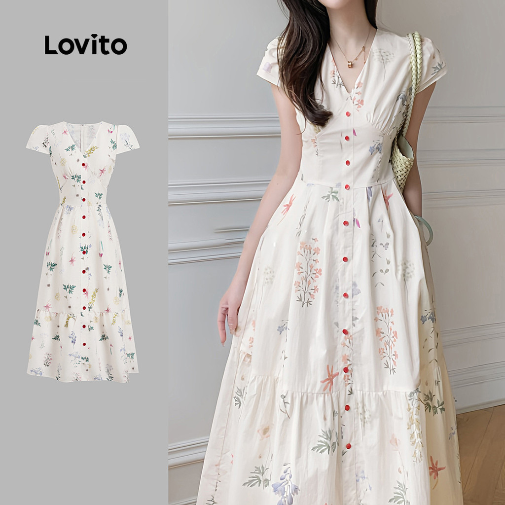 Lovito ชุดเดรสลำลองทรงกระดุม เดรสฤดูใบไม้ผลิ/ฤดูร้อนสำหรับผู้หญิง L137ED506