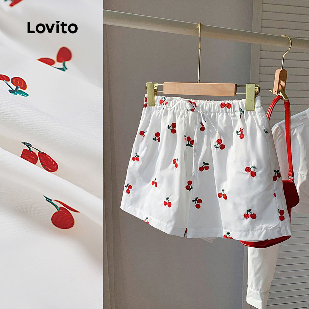 Lovito กางเกงขาสั้นน่ารักลูกไม้ผูกเชือก ผลไม้สปริง/ฤดูร้อน สีขาวออฟไวท์ สำหรับผู้หญิง LB136LD113