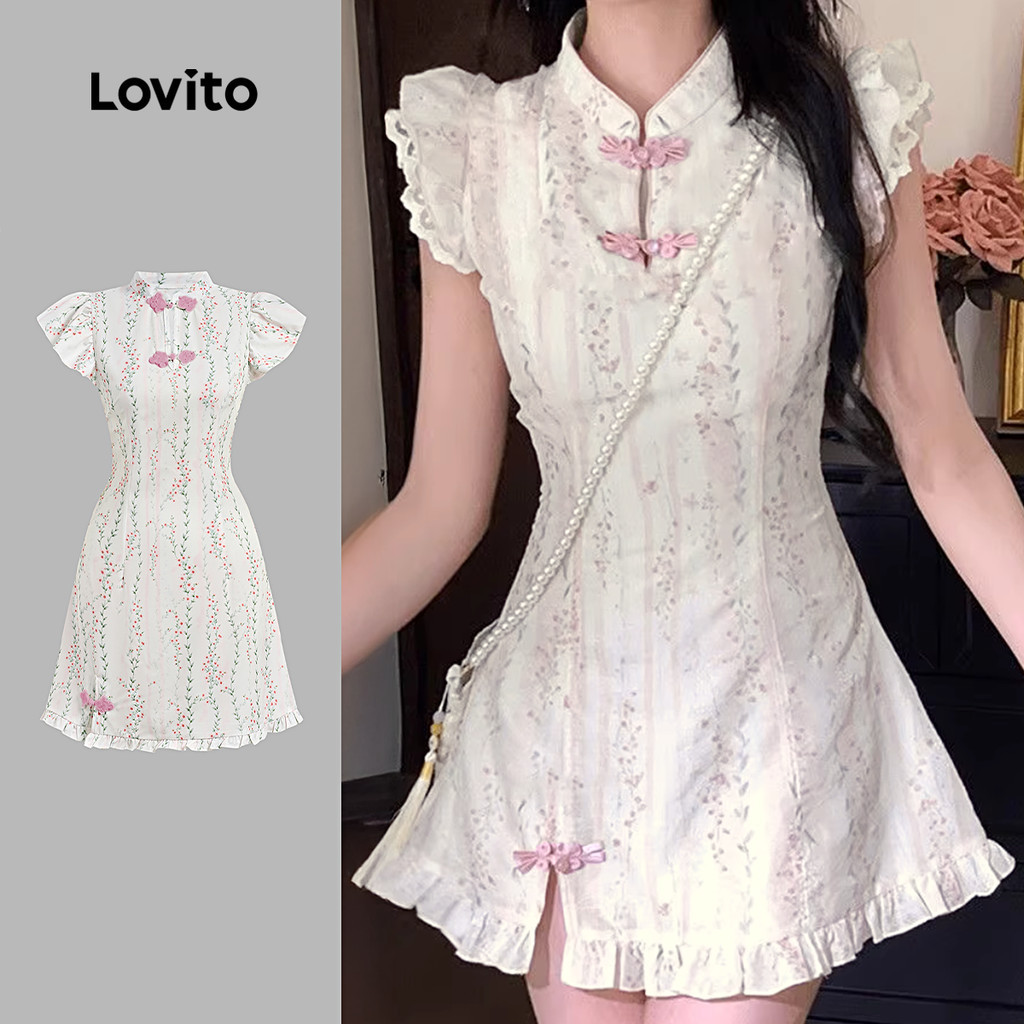 Lovito เดรสออกงานน่ารัก สีแดง สไตล์จีนใหม่ ติดกระดุม ซิป สีชมพู สำหรับผู้หญิง ฤดูใบไม้ผลิ/ฤดูร้อน L171ED001