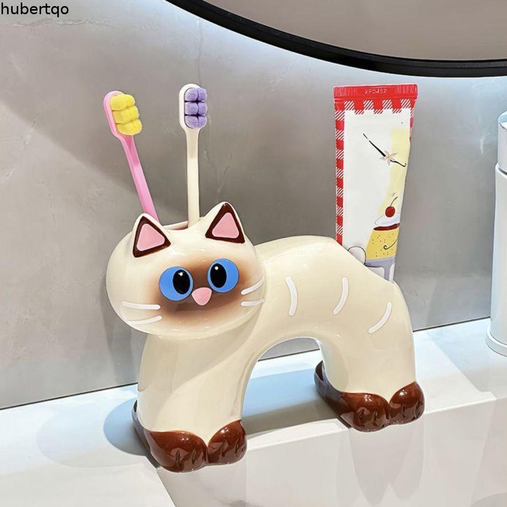 ที่ใส่แปรงสีฟันแมว HUBERT, ชั้นวางแปรงสีฟันยาสีฟันการ์ตูน 2 ช่อง, เซรามิกกันลื่นอเนกประสงค์สําหรับตกแต่งบ้าน