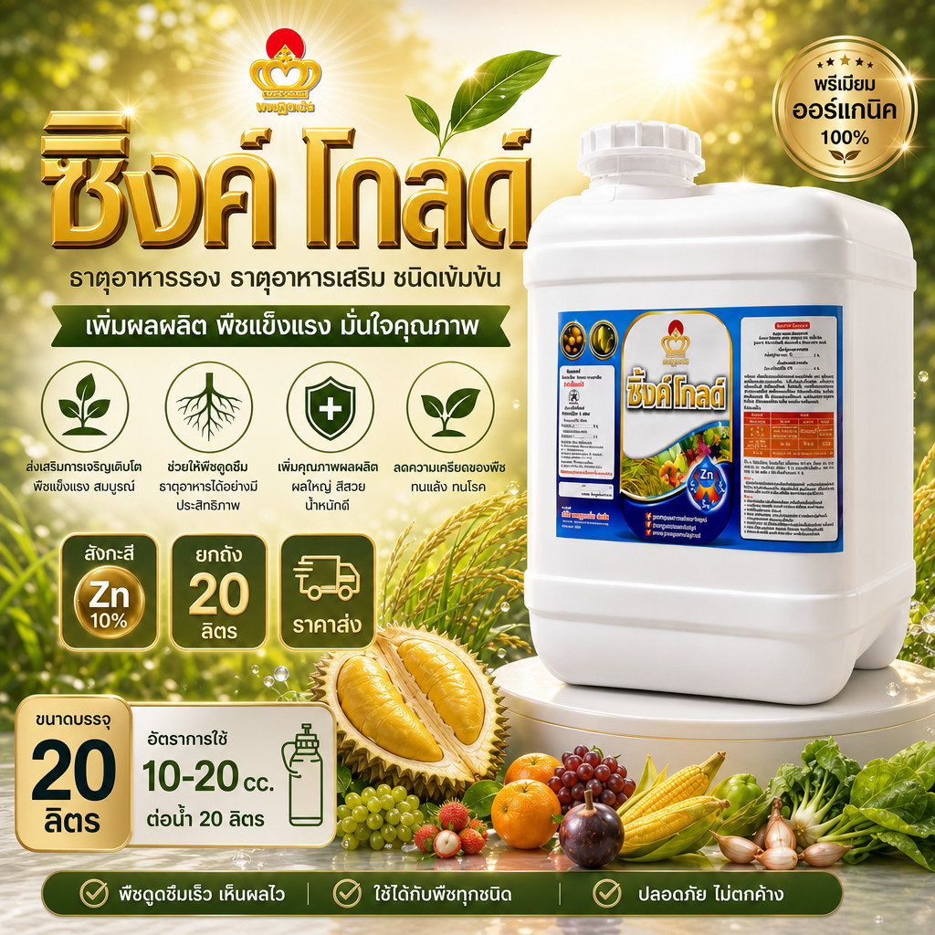 (ยกถัง 20 ลิตร) ซิงค์โกลด์ สังกะสี Zn10% ช่วยให้ใบกางใหญ่ แข็งแรง และเขียวไว ทนต่อสภาพอากาศเปลี่ยนแปลงได้ดี มงกุฎตะวัน