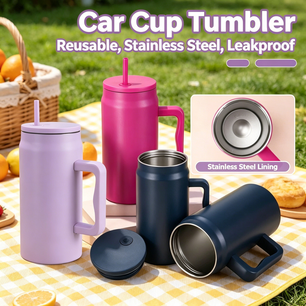 Simple Car Cup 50oz ฝาปิดฟาง Modern Thermos Tumbler ขวดน้ําสแตนเลส Handle
