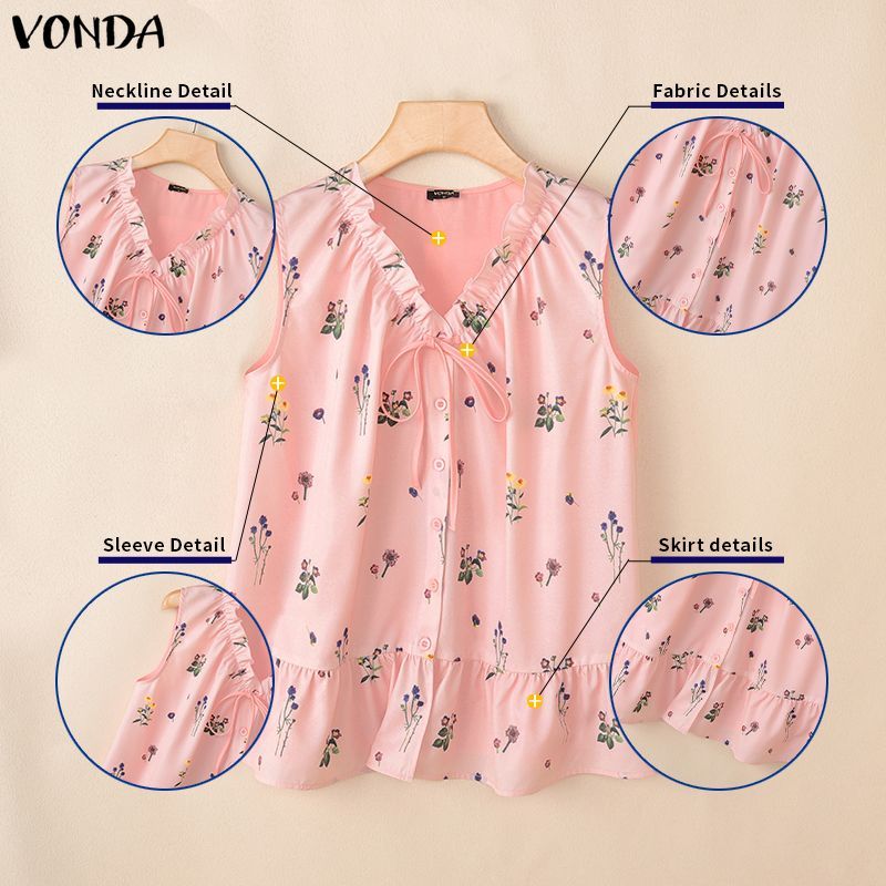 VONDA ผู้หญิงสาวเกาหลีสไตล์ V คอ Tie-Up Bows ดอกไม้พิมพ์ Ruffles Hem A-Line ถัง — صورة 7
