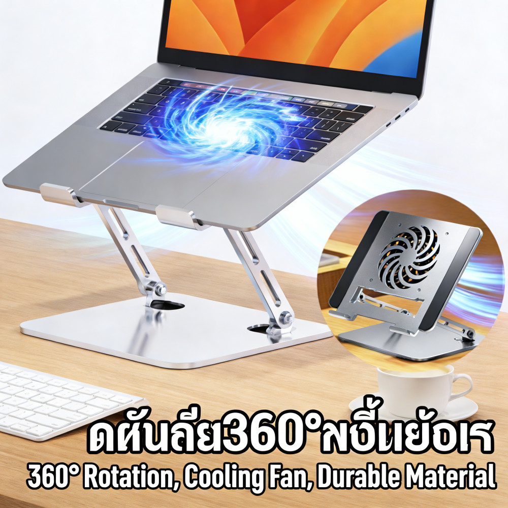 แท่นวางโน๊ตบุ๊คหมุนได้360° วัสดุแข็งแรงมั่นคง ระบายความร้อนด้วยพัดลม หมุนได้รอบทิศทาง