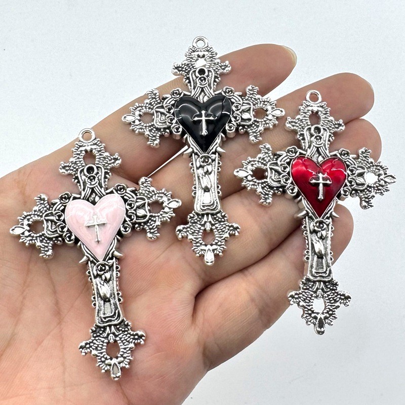 2PCS Dark Punk Retro สไตล์ Y2K Gothic Big Cross จี้สร้อยคอชุดสําหรับเผ็ดสาว DIY อุปกรณ์เสริมเครื่องประดับทํา