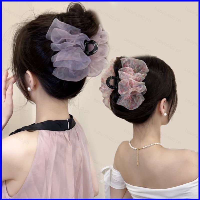 BY2 Elegant Floral Organza Hair Scrunchies นุ่ม Breathable เหมาะสําหรับจัดแต่งทรงผมงานแต่งงาน
