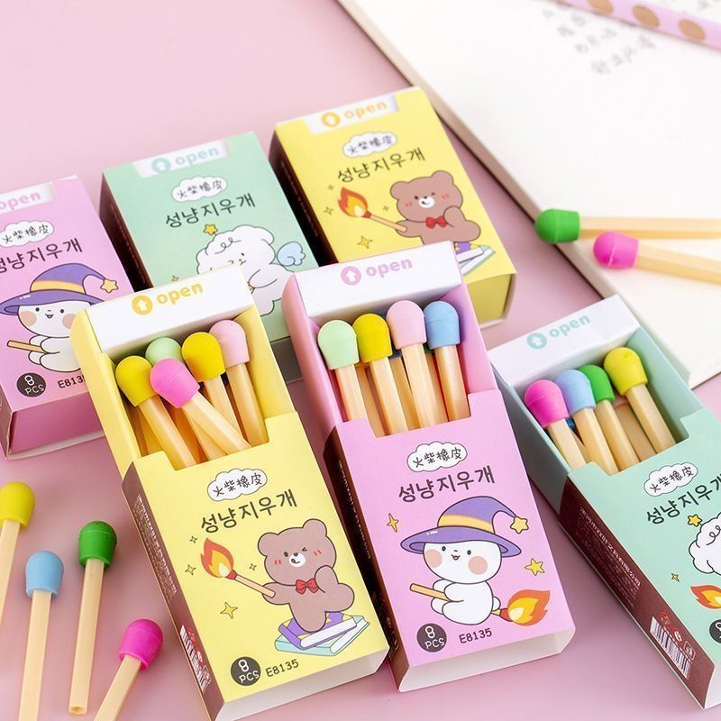 可爱火柴盒装橡皮擦8支入学生韩版彩色火柴棒橡皮少女心搞怪橡皮6.2Cute Matchbox-style Erasers, 8 Pieces in a Set, Korean-style Colorf