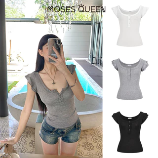 MOSESQUEEN มอสส์ ราชินี ปุ่มคอเหลี่ยมตกแต่ง แขนสั้น สไตล์หวานและเย็น พื้นฐานหลากสีสำหรับวันสบายๆ #63467