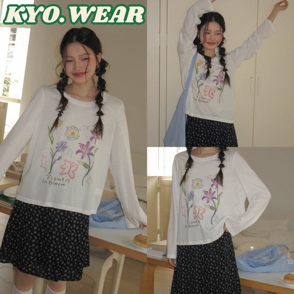 KYO 🌸【พร้อมส่ง】เกาหลีสไตล์ เสื้อยืดเเขนยาว ผู้หญิง พิมพ์ลาย "Bloom Flower" OVERSIZE ผ้าฝ้าย 100% โคตรนุ่ม เสือใส่สบาย