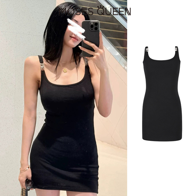 < MOSESQUEEN > ชุดเดรสฤดูร้อนแบบเสื้อผ้าที่มีส่วนตัดแต่ง ไม่มีแขน ใส่สบาย กระโปรงเอวแคบ ยึดแน่นที่สะโพก #63074