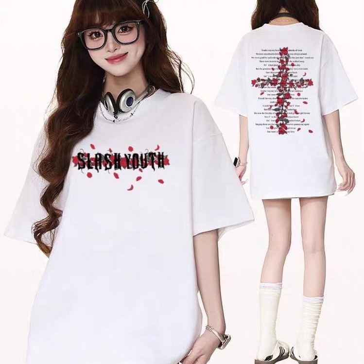 เสื้อยืดแขนสั้นพิมพ์ลายตัวอักษรแนวสตรีทสไตล์อเมริกันเสื้อคอตตอน100% ความ รู้สึกออกแบบ เฉพาะADX0132