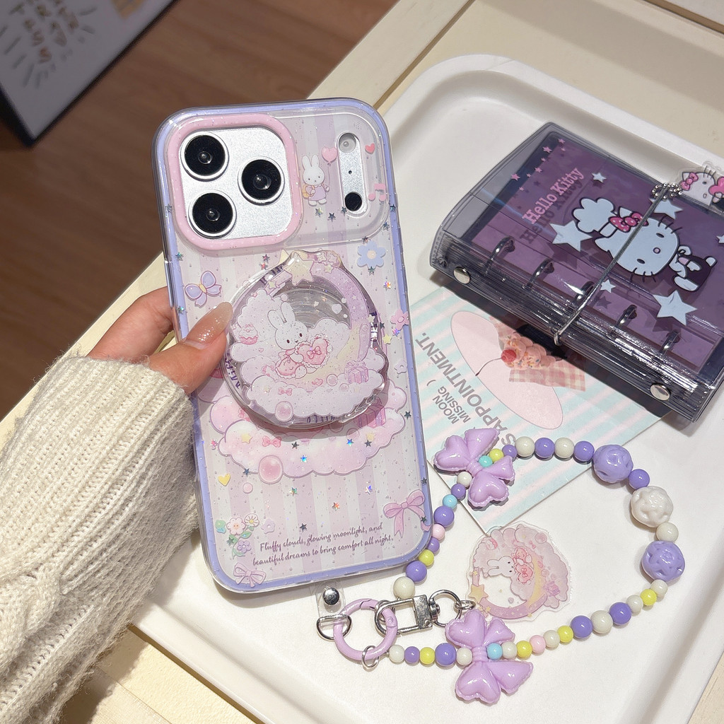 Magnetic Miffy Rabbit พร้อมเคสโทรศัพท์ใส Moon & Cloud, ขาตั้งโยกน่ารักครอบคลุมเต็มรูปแบบกันกระแทกสําหรับ iPhone 17 Pro Max, iPhone 17, 16 Pro Max, 15 Pro, 14 Pro