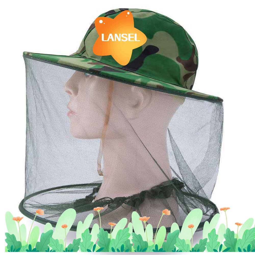 LANSEL หมวกป้องกันใบหน้า, Camo Green หมวกผ้ากอซป้องกันยุง, ร้อน 58 ซม. เส้นรอบวงศีรษะ Camo หมวกการเลี้ยงผึ้งสีเหลืองตกปลา