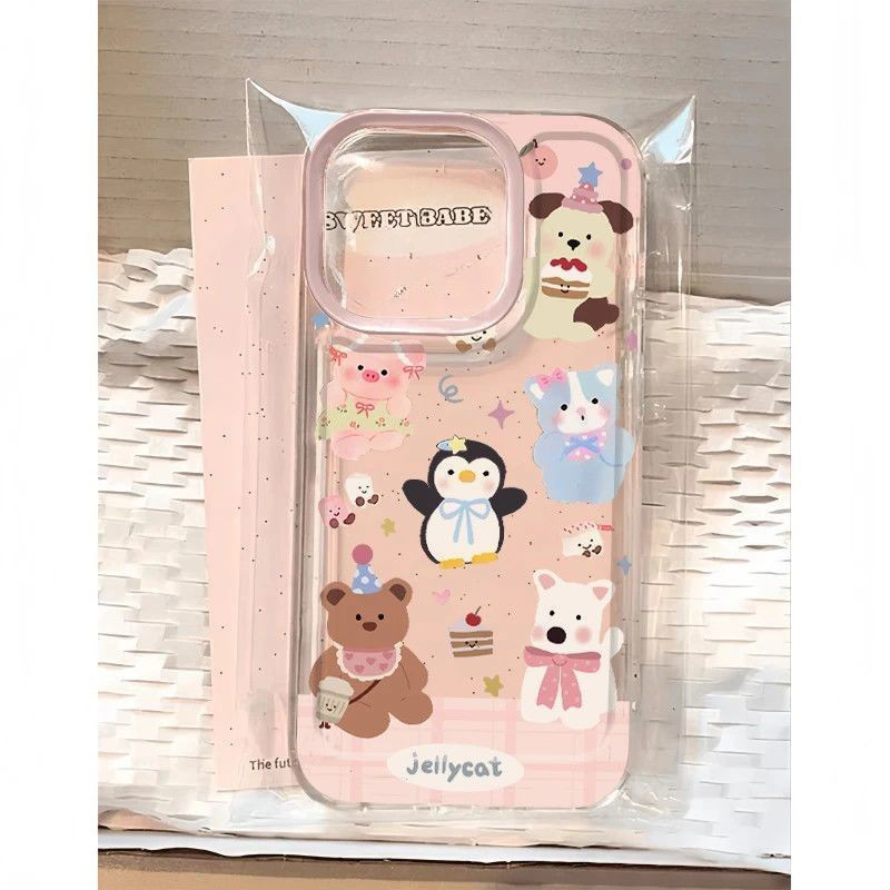 For iPhone เคสไอโฟน สุนัขตัวน้อยกับหมีตัวน้อย งดงาม ง่าย และทันสมัย 11 17 12 13 สีดำ, ขอบสีขาว เคสไอโฟน 14 15 16 P