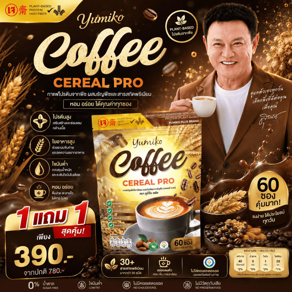 Yumiko Coffee Cereal Pro กาแฟโปรตีนจากพืช กาแฟธัญพืช Plant Based High Fiber 60 ซอง 600 กรัม กาแฟเจ