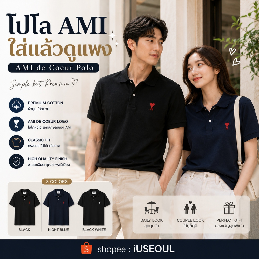 🇰🇷เสื้อยืด AMI PARIS de Coeur Polo Shirt/t-shirt Black 💖 เสื้อโปโลสีดำสุดคลาสสิก ลายหัวใจแดงซิกเนเจอร์จากปารีส 🇫🇷❤️