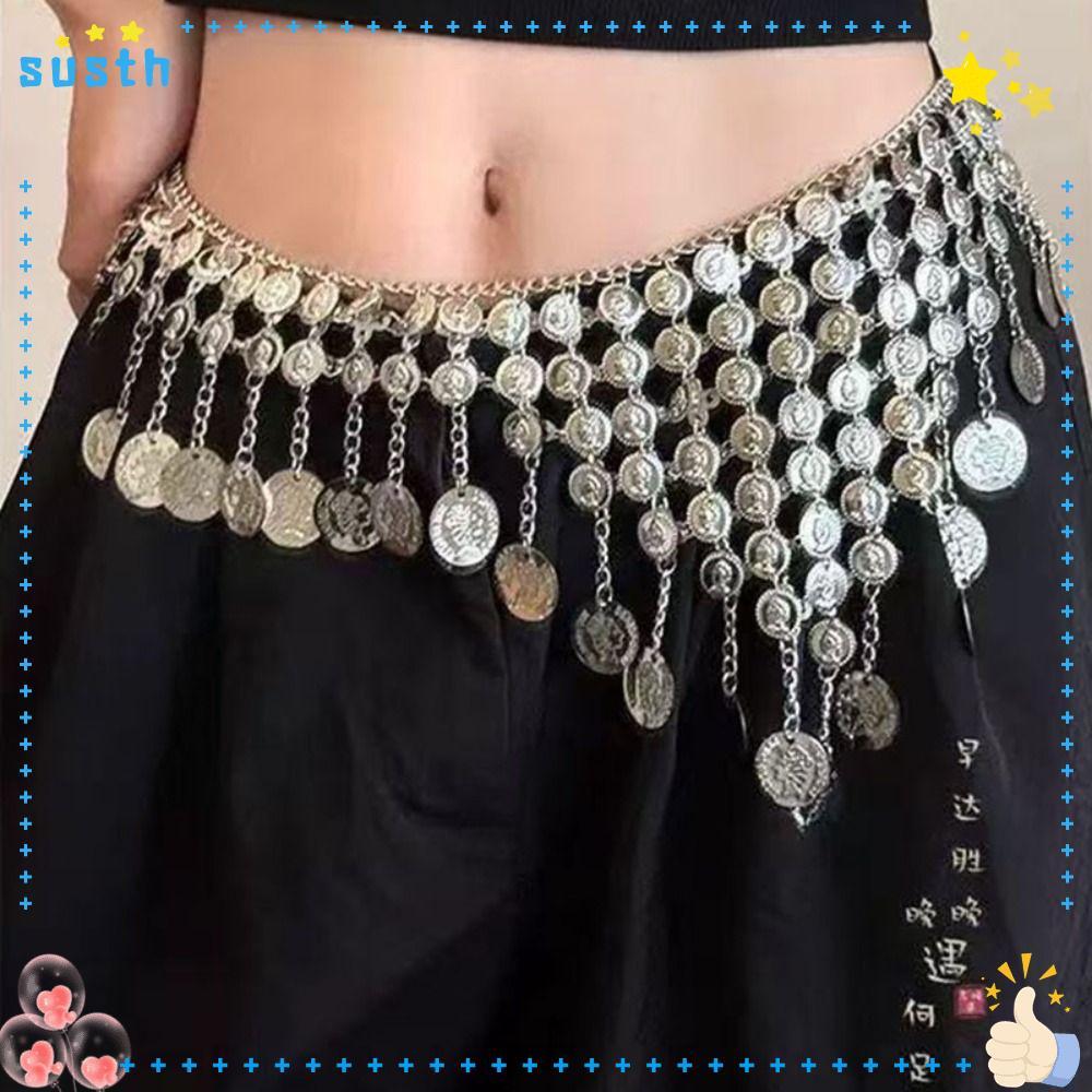 SUSTH Belly Dance เข็มขัดโซ่เอว,เงินลูกปัดทองพู่ Belly Dance เข็มขัด, Y2K โลหะพู่ Belly เต้นรําสะโพกผ้าพันคอ