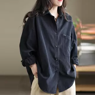 Black#เสื้อคาร์ดิแกนผ้าฝ้ายสำหรับผู้หญิง ทรงหลวมลำลอง ไซส์ใหญ่พิเศษ กระดุมแถวเดียว สีพื้น แขนยาว รุ่น99469