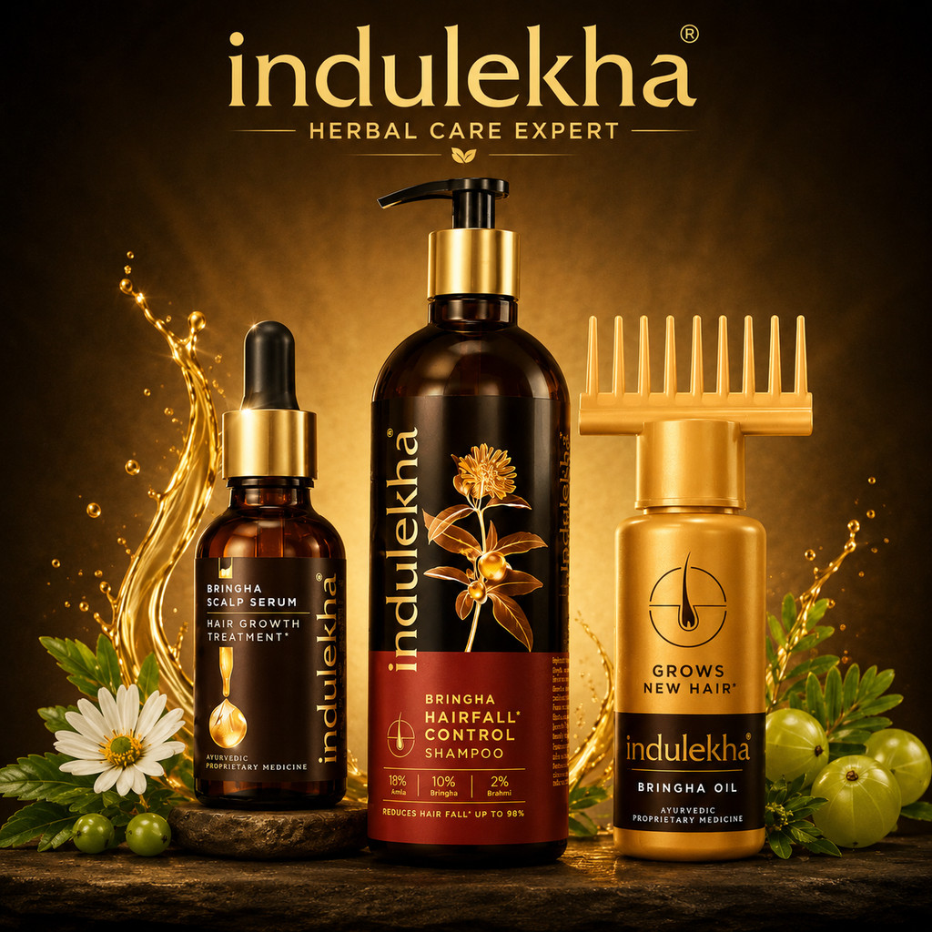 Indulekha Bringha Shampoo + Hair Oil + Scalp Serum |ชุดดูแลผม ลดผมร่วง ผมหนาขึ้น สูตรสมุนไพรอายุรเวท
