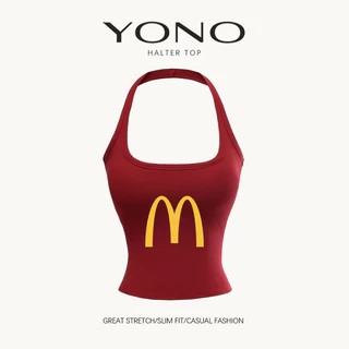 (พร้อมส่ง24ชม.) halter top เสื้อคล้องคอสีแดง ผู้หญิง ทรงเข้ารูป เซ็กซี่ y2k ลายโค้งตัวอักษร ใส่เที่ยวได้